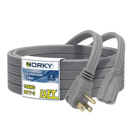 Zorky 15 ft Flat Plug Gray Extension Cord，14/3 SPT-3 Heavy Duty Appliance Extension Cord-Extension Cable with 3 Prong Grounded Plug for Safety - for Appliance,Refrigerator, Space Heater
