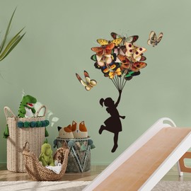 PLIGREAT Banksy Butterfly Girl Wall Stickers Removable Vinyl Decals Flying Butterfly Banksy Graffiti Wall Art Murals for Bedroom Nursery Office Home Decor DIY Decorative Stickers