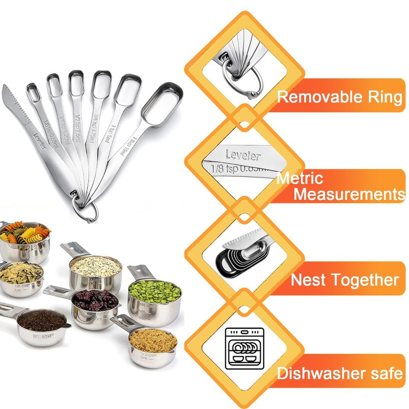 Jeyssui Measuring Cup and Spoon Set, Including 7 Stainless Steel