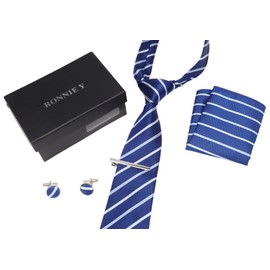 PDTXCLS Aeiniwer Premium Italian Style Ties Set for Men - Luxury Box of Superb Content, 1 Classic Necktie & 1 Pocket Square & 2 Cufflinks & 1 Tie Clip & 1 Gift Box - Gift for Man (Blue Strip)