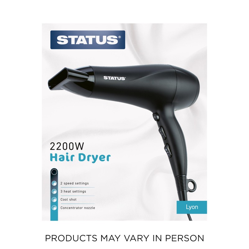 STATUS: Lyon Black Hairdryer / 1800-2200w / 2 Speeds, 3