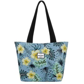 HAWEE Tote Bag with Zipper for Women Inside Mesh Pocket Heavy Duty Casual Anti-water Cloth Travel Shoulder Handbag, Hibiscus Blue