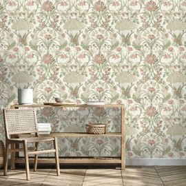 Sample Piece - Woodland Cream Pink Green Wallpaper - Animals Floral Natural 10.05m x 53cm Roll - Contemporary Sophisticated Versatile - Bedroom Dining Room Living Room