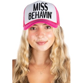 Funky Junque Neon Trucker Hat for Women Foam Mesh Snapback Fun Party Hat for Spring Break Girls Trip - Miss Behavin' - Hot Pink/White