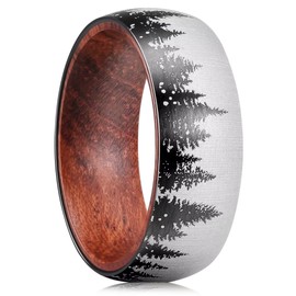 King Will Mens Forest Titanium Ring Laser Nature Forest Tree Mountain Landscap Pattern Inner Hole Wood Inlaid Wedding Band for Men Domed Matte Brushed Comfort Fit 11