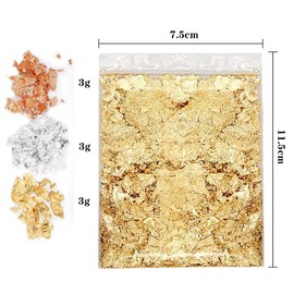 Gendako 3 Gold Leaf Flakes, Foil Flakes Imitation Metallic Copper Silver Nail Art Kit for Arts, Paintings, DIY Crafts, Resin Arts(9g) (G2022)