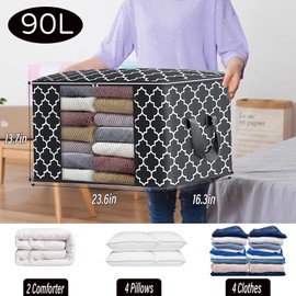 90L Large Storage Bag,8Pack Foldable Lanket Storage Bags,Clothes Organization and Storage Containers for Bedding with Reinforced Handle,Clear Window,Sturdy Zippers(Black)