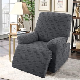 OKYUK Recliner Chair Covers - Stretch Jacquard Recliner Cover, Furniture Protector for Kids & Pets, Anti-Slip Recliner Covers with Side Pockets for Storage (Dark gray Checkered, 1 Seater)