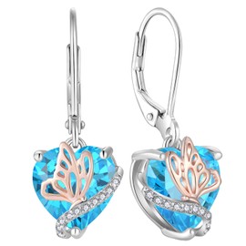 YL Heart Earrings 925 Sterling Silver Butterfly with 12 Birthstone Cubic Zirconia Earrings Jewellery Gifts for Women Mother Girlfriend Her, Silver, Aquamarine
