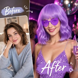 MEEZY Light Purple Wavy Curly Bob Wig with Heart Sunglasses for Women, Colored Shoulder Length Funny Hair Synthetic Wig Fun Hairpiece with Hair Cap for Cosplay Costume Bachelorette Party Festival