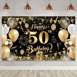 Yuanbigtai 50th Happy Birthday Banner,happy 50th Birthday Decorations Backdrop,Birthday Party Decoration Black Gold Sign Poster for Backdrop Background for Men, and Women Birthday, 70.8 x 43.3 Inch
