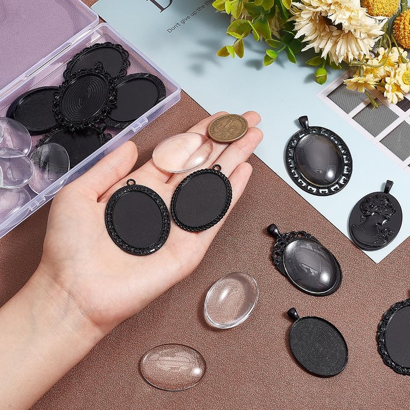 PH PandaHall 24pcs 30x40mm Pendant Trays for Jewelry Making Black