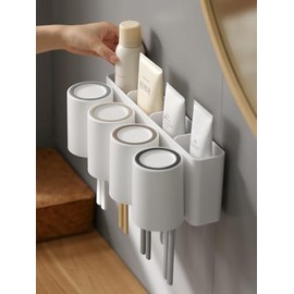 FLAUVEL Wall-Mounted Toothbrush and Toothpaste Holder - Self-Draining Design, Easy Installation, Space-Saving, White (Quadruple - Four Normal Cups)