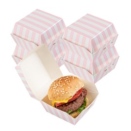 Restaurantware 2.5 x 2.5 x 2 Inch Mini Burger Boxes 100 Clamshell Food Containers - Hinged Lid Striped Pink And White Paper Take Out Boxes Serve Sliders Or Finger Foods