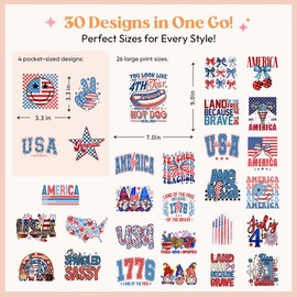 Kaciola 30 Sheets 4th of July DTF Transfers Ready to Press, Independent Day Iron on Transfers Stickers Iron on Decals for T Shirts Hoodie DIY Crafts