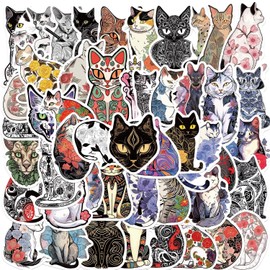 Pack of 50 Cat Stickers Car Laptop Phone Guitar Skateboard Motorcycle Bicycle Tattooed Cat Stickers Set Vinyl Waterproof Aesthetic Stickers for Teenagers Children Adults