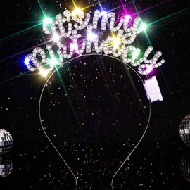 Zoestar Light Up Rhinestone Happy Birthday Headband Glowing Birthday Party Hair Bands Led Sparkly Hair Accessories Women(Silver, One Size)