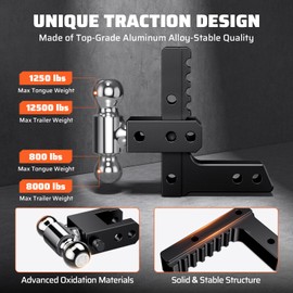 Adjustable Trailer Hitch with Hitch Tightener, Fits 2 Inch Receiver Heavy Duty Aluminum Tow Hitches with 8 Inch Drop/Rise for Truck 12,500 LBS GTW, Double Anti-Theft Locking Hitch Pins