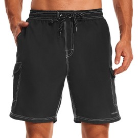 HODOSPORTS Mens Swim Trunks with Compression Liner 9 inch Quick-Dry Men’s Swim Shorts with Cargo Pockets, Black, Large