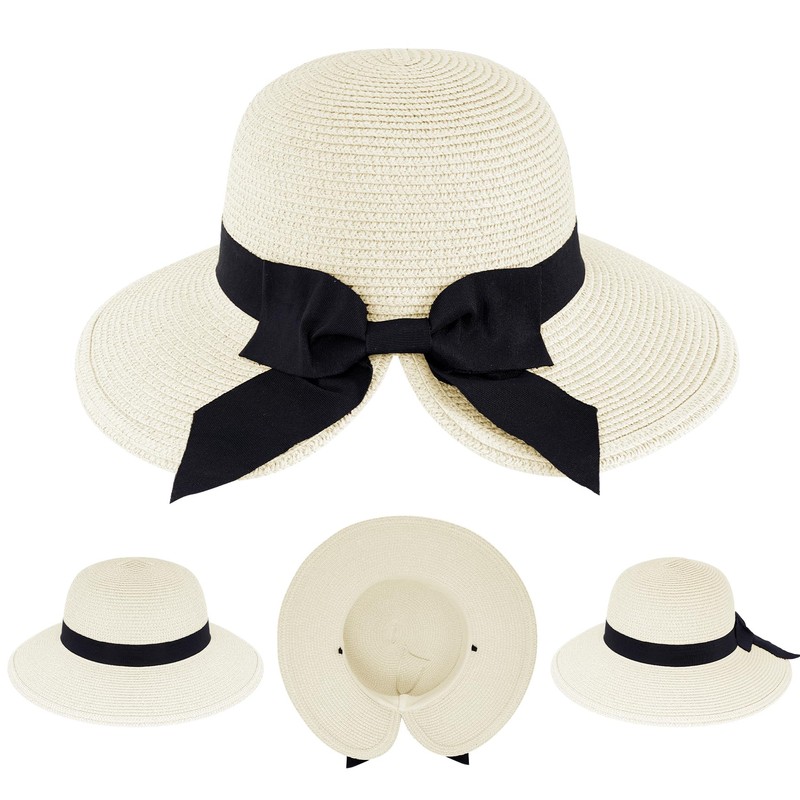Lufdegim Women's Summer Foldable Straw Hat with Bow Tie Beach