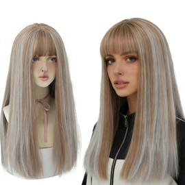 22 Inch Long Brown Straight Wig with Bangs Synthetic Wig for Women
