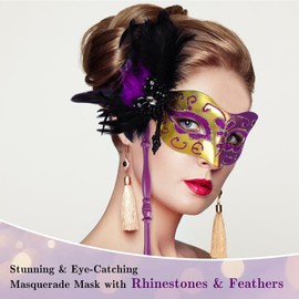 LiuSuper Masquerade Mask for Women with Stick - Shiny Women's Feather Mardi Gras Venetian Mask for Costume Accessory (Purple)