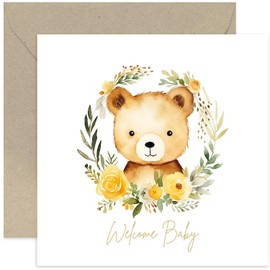 Old English Co. Welcome Baby Card for Boy or Girl - Cute Bear Watercolour Nursery Art Baby Card for New Parents - Congratulations on Bundle of Joy | Blank Inside with Envelope