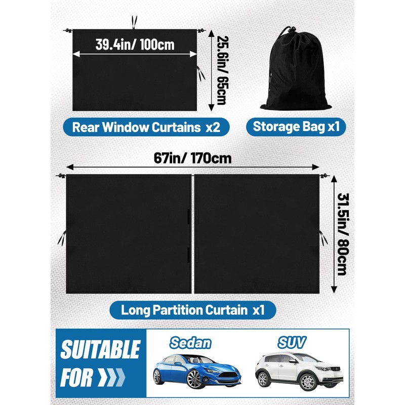 Set of 3 Car Privacy Curtains - 95% Light Blocking