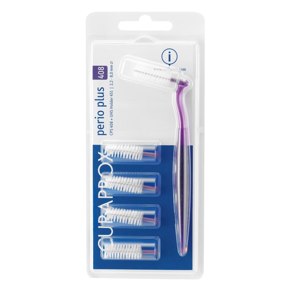 Curaprox CPS 408 Perio Plus Interdental Brush, Set of 5 Brushes, Purple, 2 mm Diameter, 8 mm Effectiveness, with Holder UHS 451, Teeth Cleaner for Periodontal Prophylaxis