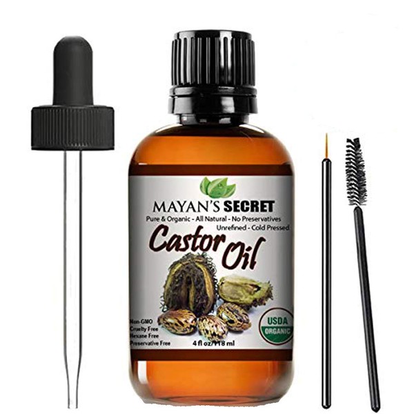 Mayan's Secret - 4oz Pure Castor Oil Organic Cold Pressed Unrefined Glass Bottle- Moisturizing & Healing, For Dry Skin, Hair Growth, Eyelashes