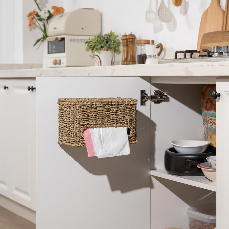 StorageWorks Trash Bag Holder with Lid, Wall Mount Seagrass Plastic