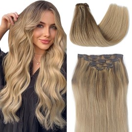 Hair Extensions Real Human Hair Clip ins, 18 Inch Hair Extension Clips Golden Brown with Dirty Blonde Fading to Dirty Blonde Highlights 70g 5pcs Remy Human Hair Clip in Extensions for Women