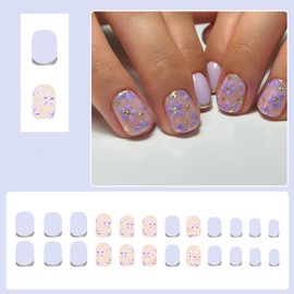 24 Pcs Summer Press on Nails Short Square, ZIFANHU Purple Fake Nails Press ons Acrylic Nail Art Tip kit with Cute Flower Designs Full Cover Silver French False Nails Glue on Nails for Women