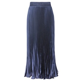 ebossy Women's Boho Satin Metallic Pleated Accordion Skirts Elastic High Waist Flowy A Line Shirring Maxi Long Skirt (One Size, Navy)