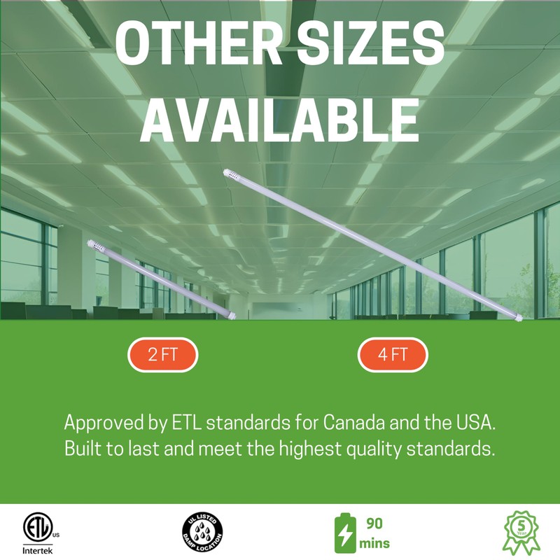 E2 LIGHTING LED Emergency T8 Tube, 2FT-9W, with Integrated Battery