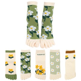 Fegreic Women's Five Toe Socks, Cute Five Toe Socks, Standard Thickness, Fashionable, Casual, Spring, Summer, Autumn, 8.7 - 9.8 inches (22 - 25 cm), Set of 5 Pairs, Small Flowers, Free size