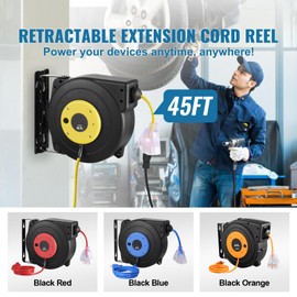 Happybuy Retractable Extension Cord Reel, 45 FT, Heavy Duty 12AWG/3C SJTOW Power Cord, Lighted Triple Tap Outlet, 15 Amp Circuit Breaker, 180° Swivel Bracket for Ceiling/Wall Mount