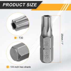 HARFINGTON 5pcs T30 Torx Screwdriver Bit 1/4" Hex Shank 25mm/1" Length S2 Steel Star 6 Point Head Hex Security Screw Driver Bits with Hole for Impact Electric Screw Driver Power Tools, Grey