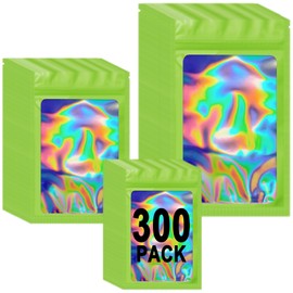 300 Pack 3 Sizes Resealable Mylar Bags for Food Storage, Smell Proof Holographic Packaging Bags for Small Business, Foil Zipper Pouch for Party Favor (Green, 3x4.7, 4x6, 4.7x7.9 inch)