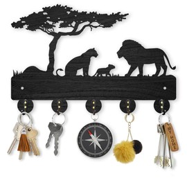 MAYJOYDIY Lion Prairie Tree Coat Hooks Wall Mounted 11.8×7.9inch Wood Key Holder for Wall 3 Lions Family Key Hanger 5 Alloy Hooks Wildlife Animal Wall Art Decor Gift for Entryway Hallway Office