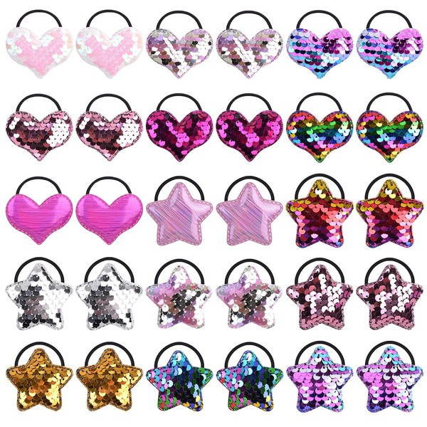inSowni 30 Pack/15 Pairs Glitter Sequins Heart Star Hair Bobbles Hair Bobbles Rubber Bands Ponytail Holder Hair Bows Ropes with Charms Accessories for Baby Girls Toddlers Children