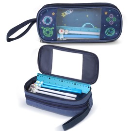 Primo Lines Pencil Case Organizer for Boys, Universe Large Pencil Pouch 6 PCS Stationary Set 4 Astronaut Pens and Blue Ruler Gamer theme Present Set Gift for Kids, Teens School Gift