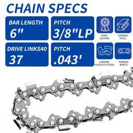 6 Inch Chainsaw Chain and Guide Bar, Replacement Chain Saw Bar and Chains for 6 inch Mini Cordless Electric Portable Handheld Chainsaw for Wood Cutting (4 Chains + Guides Bar + File)