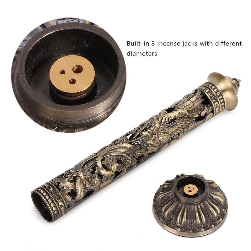 Incense Burner Bronze Tone Dragon Phoenix Relief Craft Ornaments Tea