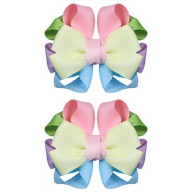 Colorful Flower Hair Bow Clips 2.95 Inch Grosgrain Ribbon Hairpins Handmade School Cheer Hair Accessories for Kids Girls, Yellow&Blue&Purple&Green&Pink