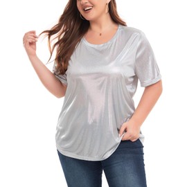 ForHailey Plus Size Metallic Tops for Women Shiny Tops Shirts Sparkly Holographic Party Disco Tee Rock Concert T-Shirt Glitter Silver XX-Large