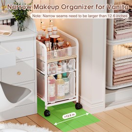 Hongtamoya Rolling Makeup Cart Organizer with 2 Drawers, Narrow Floor Skincare Organizers, Vanity Organizer Cosmetics Display Cases Holder for Skin Care Nail Polish Perfume Makeup Brush, White