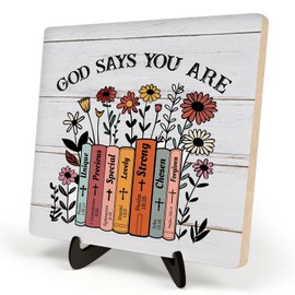 Christian Desk Wooden Sign Decor, God Says You Are, Home Office Religious Motivational Decor Scripture Bible Verse Desk Decoration Inspirational Christian Gifts for Friends and Sisters 5.9x5.9inch(GOD