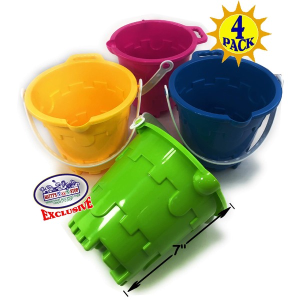Matty's Toy Stop Beach Gear 7" Plastic Castle Mold Sand Buckets (Pails) with Easy Pour Spout and Handle Blue, Pink, Green & Yellow Party Set Bundle - 4 Pack