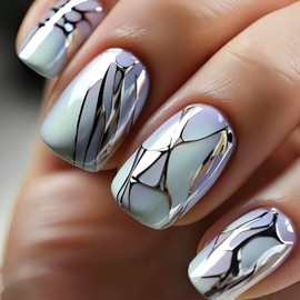 ANDGING Short Press on Nails Square Light Blue Glue on Nails with Glitter Gold Line Designs Fake Nails Manicure Acrylic Gel Medium Pressons False Nails for Wedding Fantasy Stick on Nails for Women